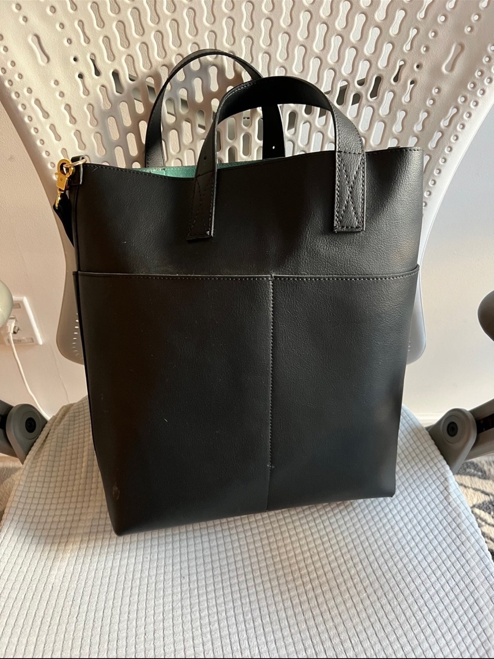 Classic Black Leather Tote Bag with Mint Interior